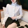 Women's White Ruffle Stand Collar Shirt - French Chic, Autumn/Spring 2025