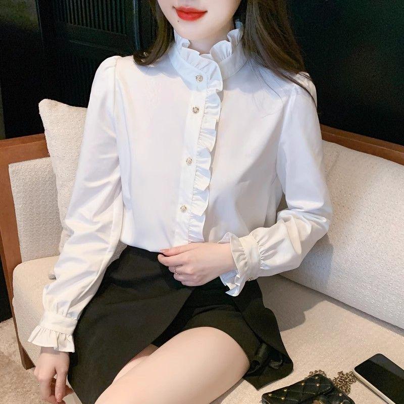 Women's White Ruffle Stand Collar Shirt - French Chic, Autumn/Spring 2025