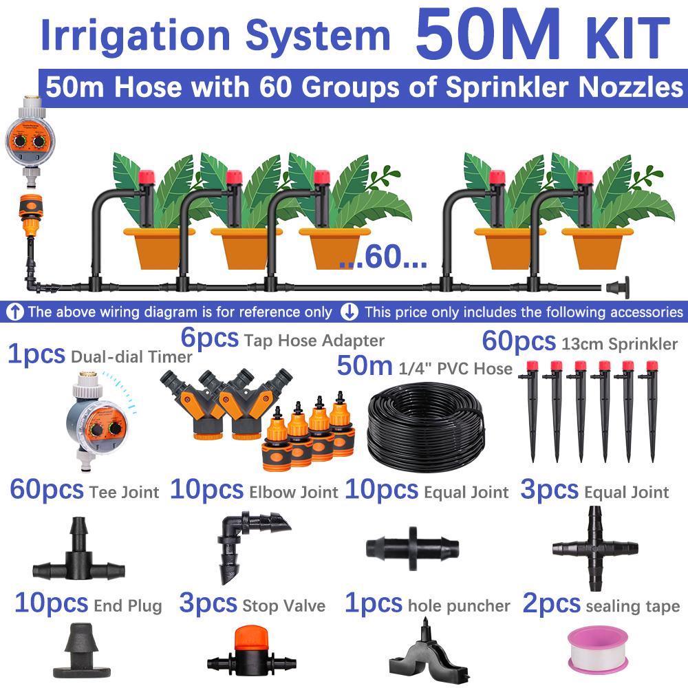 50-5m 1/4" Garden Drip Micro Irrigation 8-hole Adjustable Drippers with Stake 4/7mm Adapter PVC Tubing Automatic Watering System