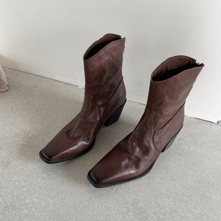 New 2025 Autumn and Winter European and American Old Money Style Thick Heel High Heel Square Head Short Boots Rear Zipper Brown Black Fashion Women