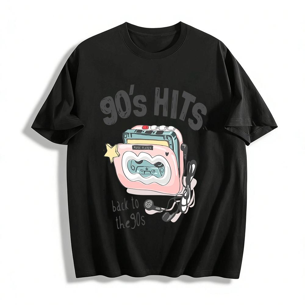 Nostalgic 90s Hits Cassette Player Print Casual Top Pure cotton T-shirt XXS