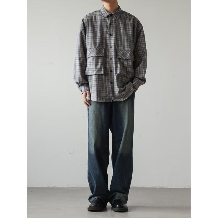 Autumn 2024 Plaid Pocket Decorative Lapel Shirt Japanese-Style Retro Embroidered Long Sleeve Shirt for Men