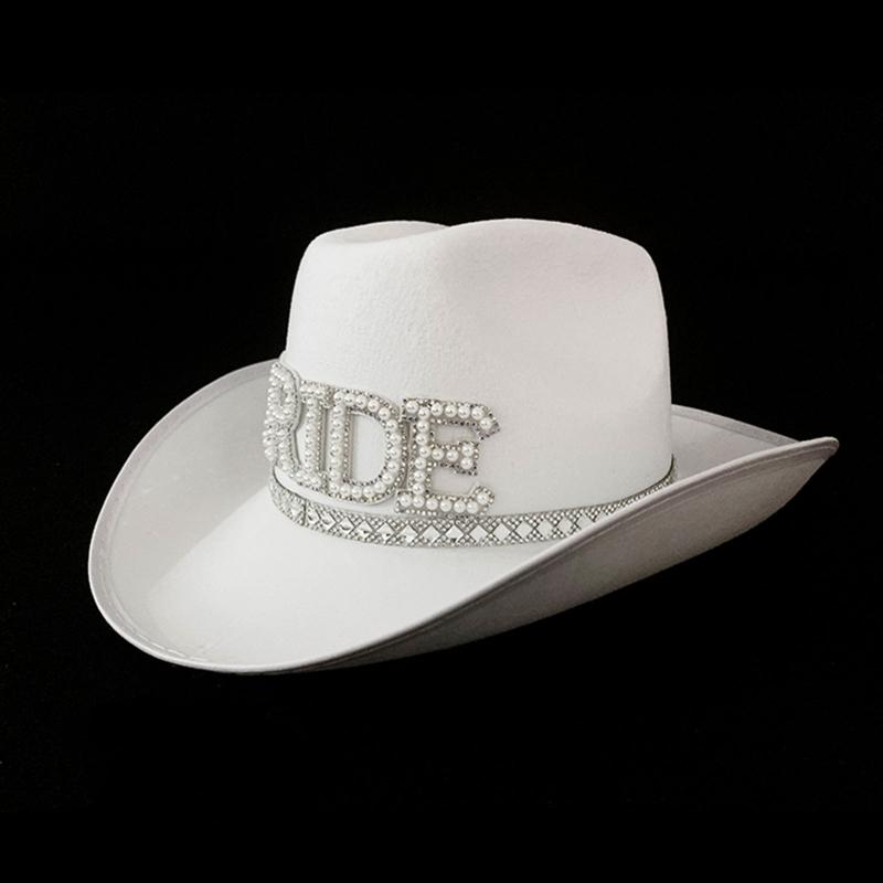 Rhinestones Women Bride Letter Cowgirl Hats Wide Brimmed Bridal Western Shinning White Fedoras Hat for Photoshoot