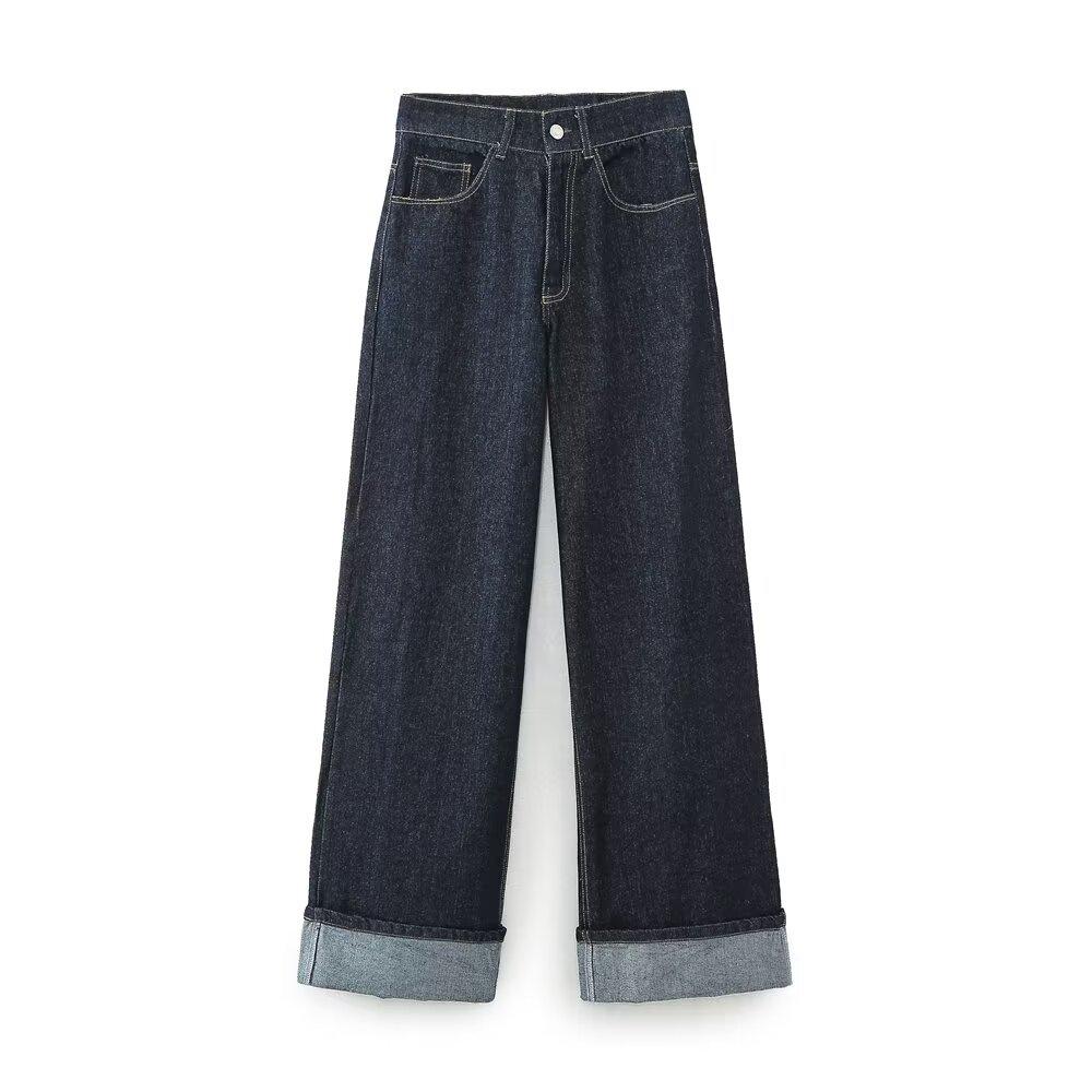 Zatrax Autumn 2024 Women s High Waist Straight Leg Rolled Hem Jeans S