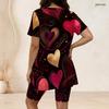 Women Plus Size 2 Piece Set Crew Neck Short Sleeve Side Slit Top Biker Shorts Neon Graffiti Heart Star Print Outfit