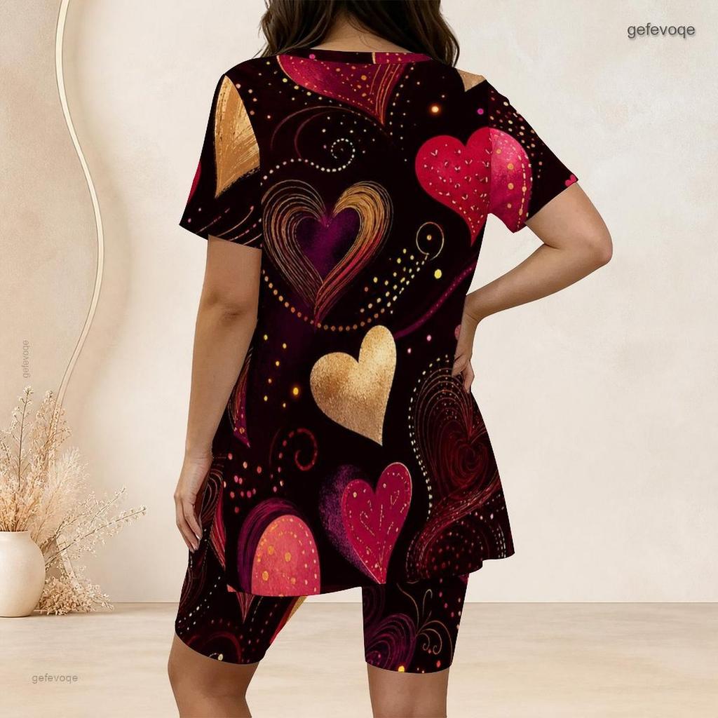 Women Plus Size 2 Piece Set Crew Neck Short Sleeve Side Slit Top Biker Shorts Neon Graffiti Heart Star Print Outfit