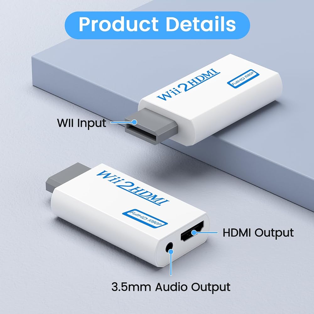 Wii to HDMI Converter Adapter with 1.5M HDMI Cable, 1080P Full HD Compatible, 3.5mm Audio Output ...