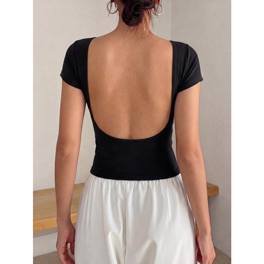 Women's Round Neck Short Sleeve Solid Color U Backless Slim Fit Cropped T Shirt Casual Summer Basic Workout Tee Top