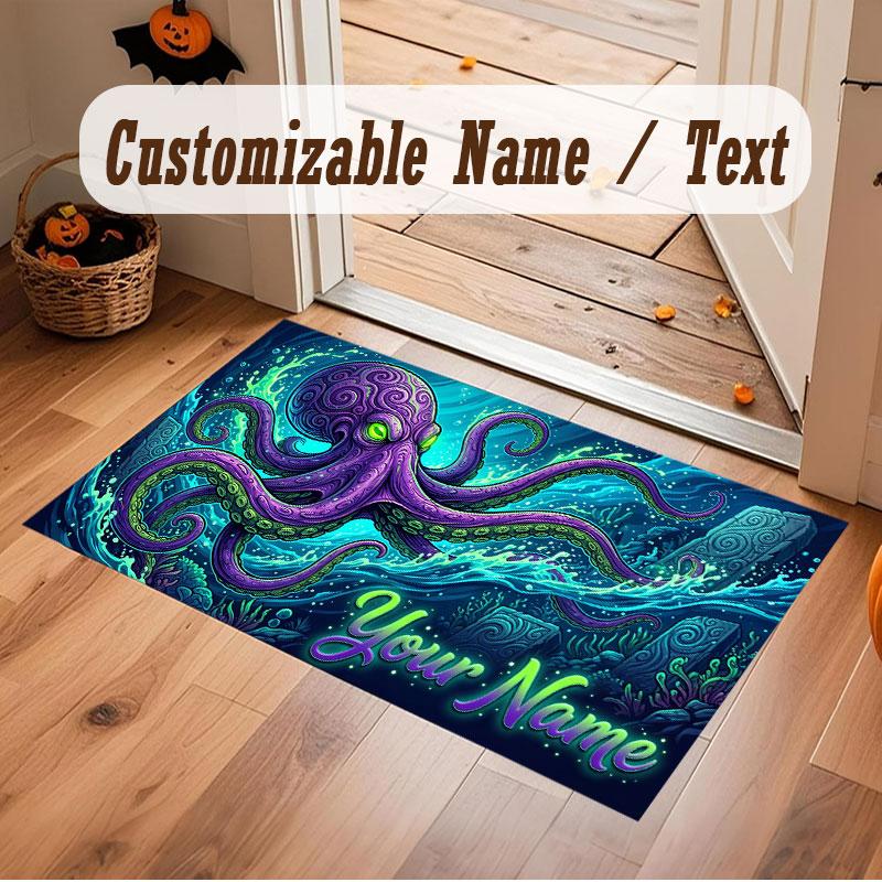 Octopus Sea Life Theme Crystal Velvet Floor Rug Personalized Custom Name Text Warm Carpet Home Decoration