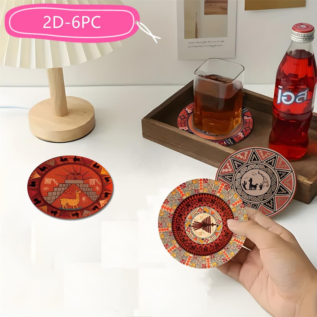 6 Pieces 2D Wooden Coasters Tribal Totem Pattern Theme Desktop Insulation Mats Home Decor Coffee Cup Coasters Office