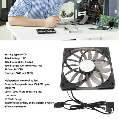 140mm ARGB PWM Fan Ultra Thin Fan Speed 300‑1100RPM 76.5CFM Hydraulic Bearing Silent Computer Case Fan 15 Blade ABS for Office