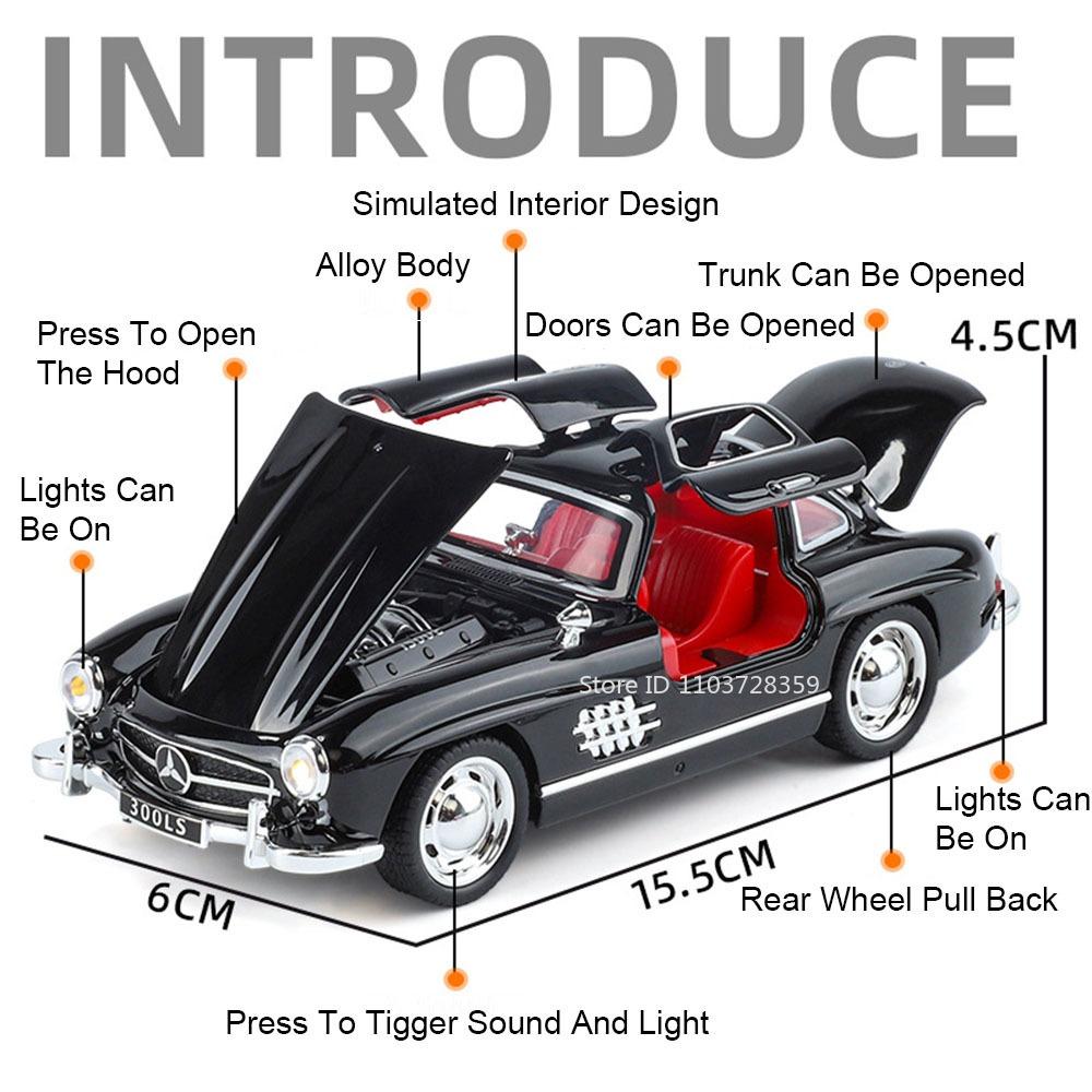 1:32 SLR 772S 300SL Sportwagen Modell Spielzeug Legierung Druckguss Miniatur Supercar Sound Licht Türen Geöffnet Rückzieher für Kinder Geschenke