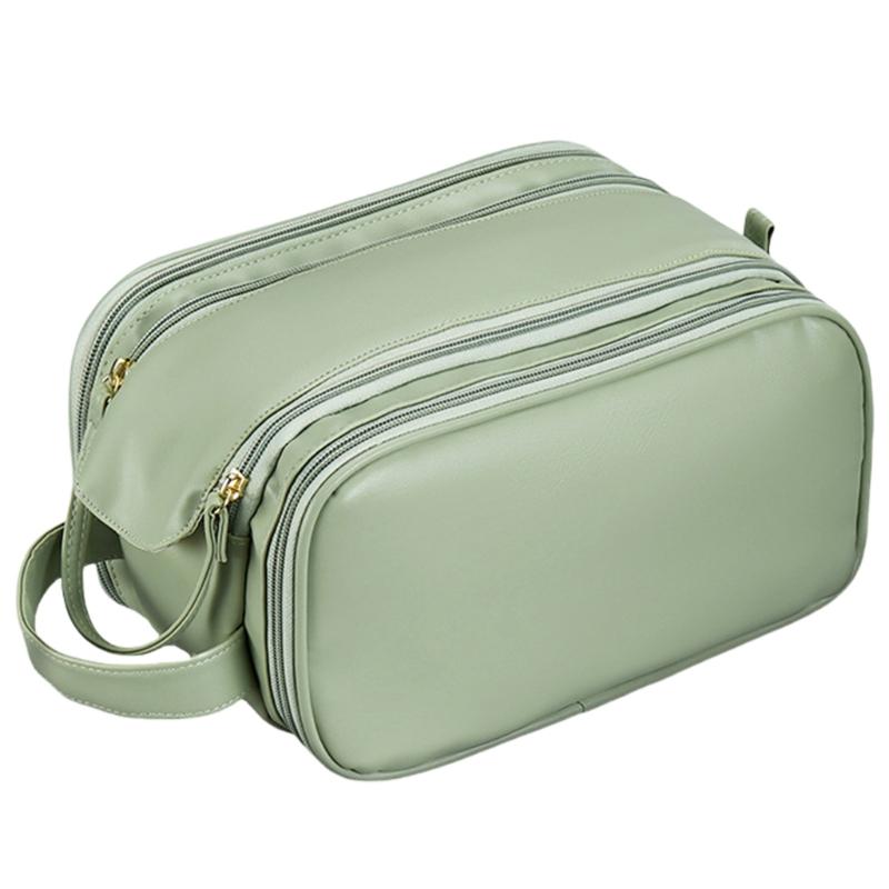 Spacious Multi Functional Travel Makeup Case Waterproof Storage Toiletry Bag For Women PU Leather Handbag зелёный