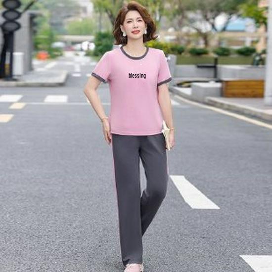 

Stylish Ice Silk Summer T-Shirt & Shorts Set for Middle-Aged and Elderly Women XL рожевий