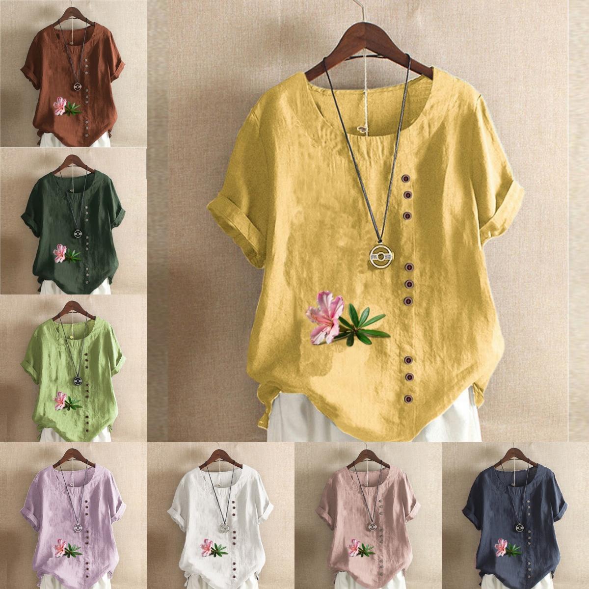 

Жіноча модна футболка з круглим вирізом і короткими рукавами, повсякденна бавовняна лляна сорочка з графічним малюнком, відпочинок, вільна літня блузка з принтом у квіти S рожевий