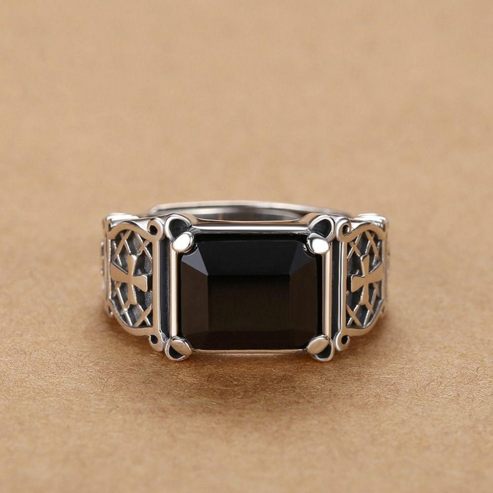 Black Zircon Men's Hip Hop Rings Adjustable Cross Ring Trend Open Ring Daily Wear