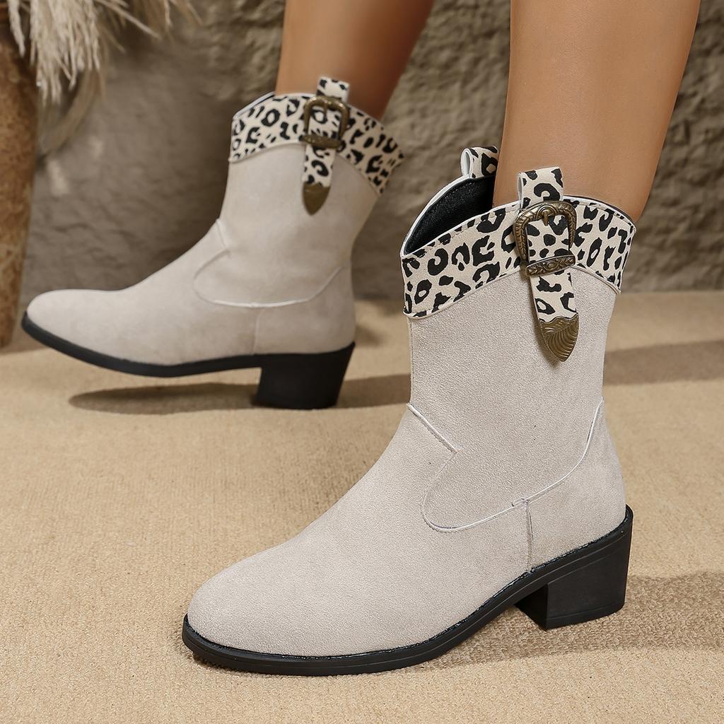 Fashion Autumn Women's Ankle Boots Fashion Metal Belt Buckle Mid-heel Western Cowboy Boots Colorful Print Fabric Booties Slip-on Shoes