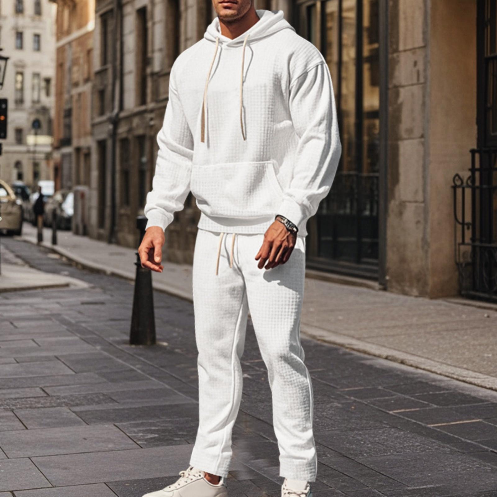 

Men s Solid-color Casual Checkered Long-sleeved Hooded Sweatshirt And Long Pants Set XL белый