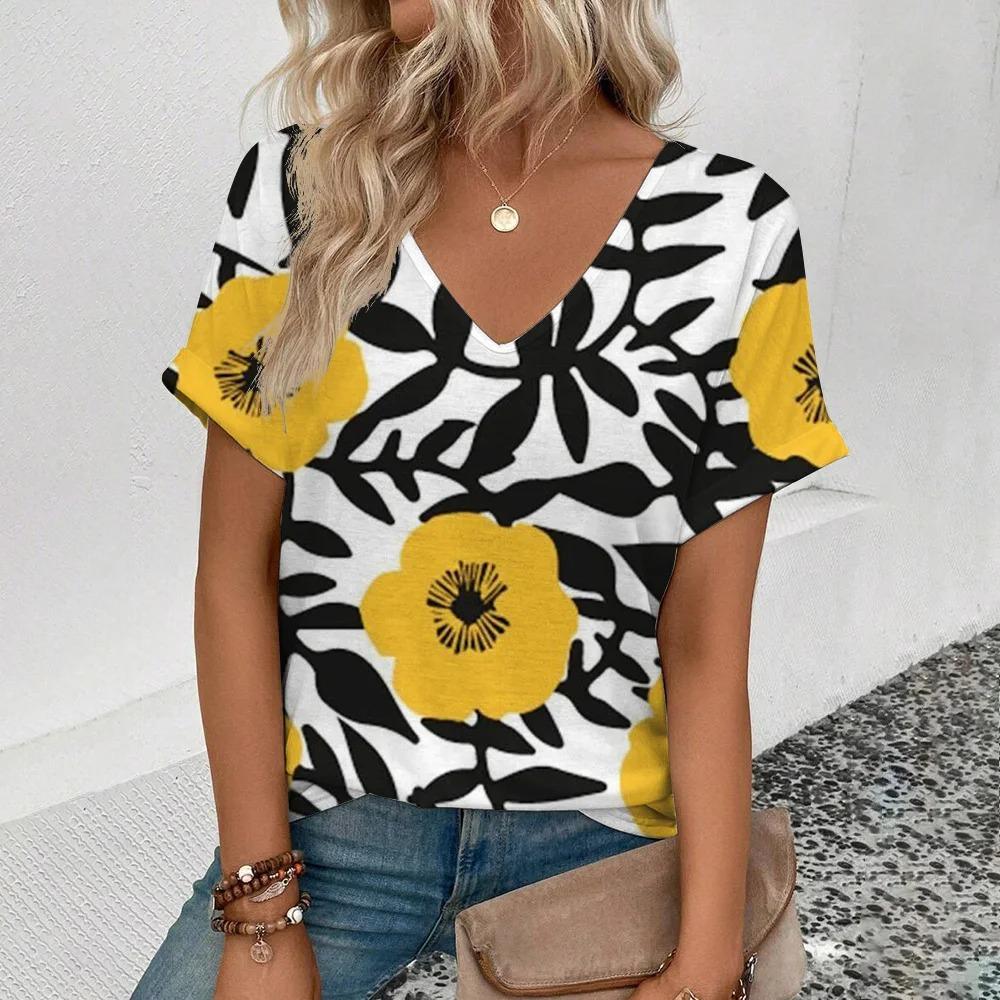 Damski letni T-shirt 3D z dekoltem w serek, modny, z krótkim rękawem, z zabawnym wzorem owocowym, cienki, luźny, casualowy, duży, oddychający, wkładany przez głowę