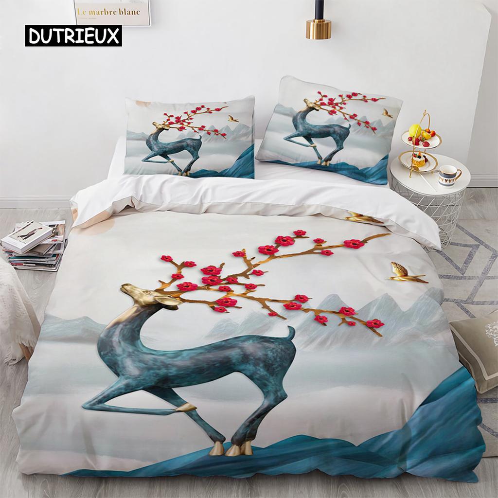 Cartoon Elk Duvet Cover King Queen Size Golden Deer Pattern Bedding Set for Teens Adults Wild Buck Quilt Cover with Pillowcase