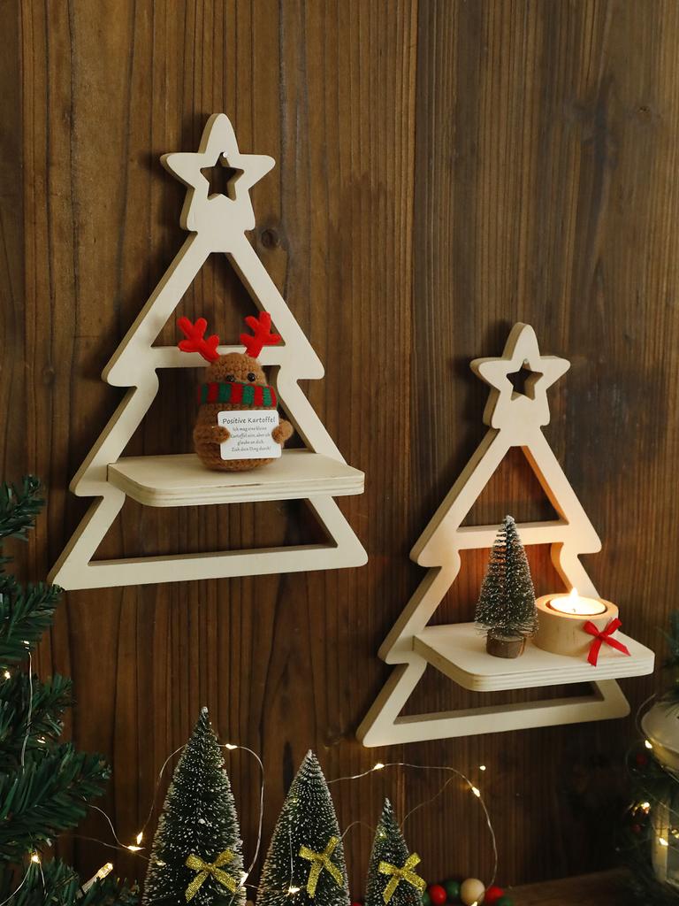 Christmas Tree Wooden Wall Shelves White Floating Wall Shelf Suitable for Christmas Supplies and Candle Wall Hanging Shelf Gift