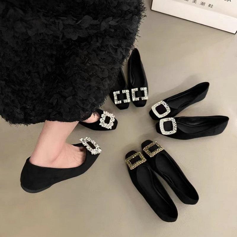 Mode Flatskor för kvinnor 2025 Vår och Höst Svarta Strass Nya Fyrkantiga Tå Loafers Plus Size Damskor 44 42 43