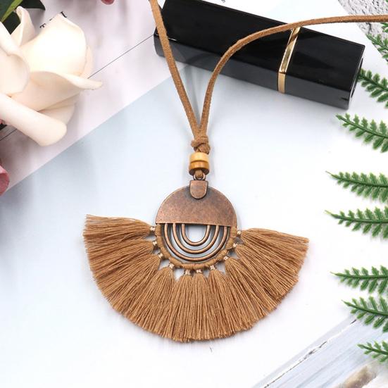 Bohemian Ethnic Style Sweater Necklace Alloy Fan Shaped Cotton Thread Tassel Women Necklace Jewelry Accessories