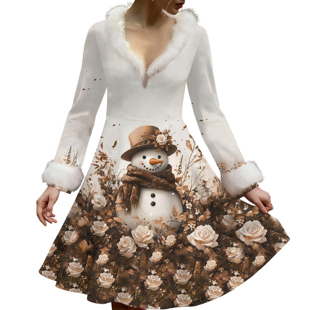 Women's Casual V-neck Christmas Print Plush Long-Sleeve Casual Dress