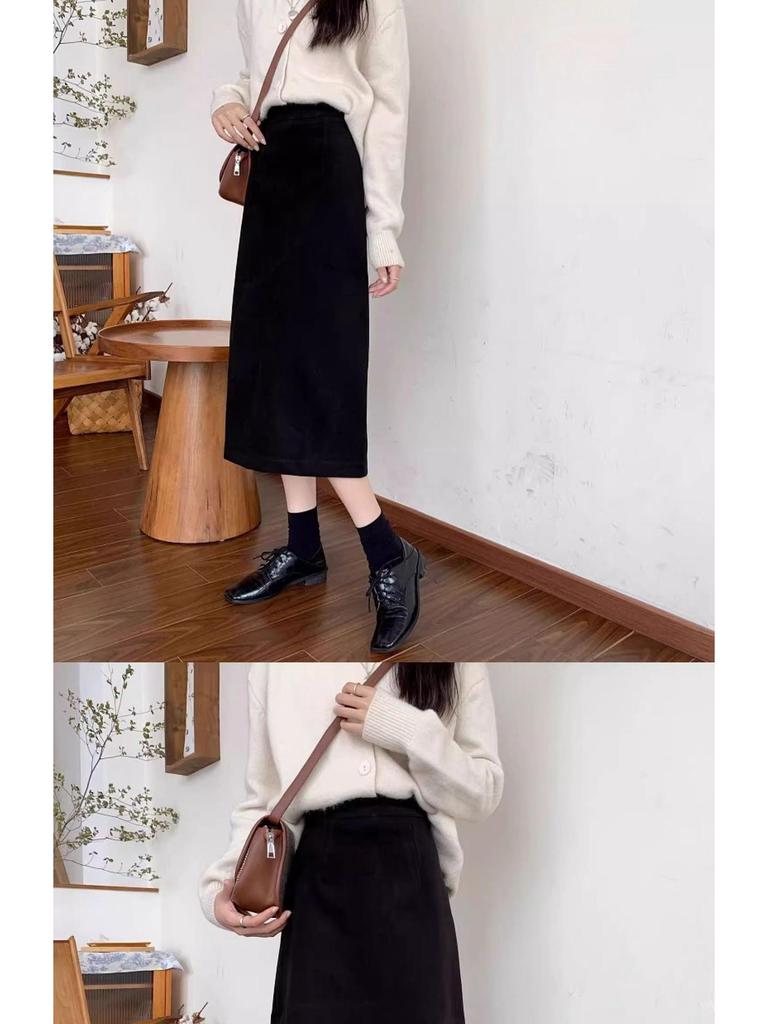 Women's High Waist Wool A-line Skirt: Slimming, Versatile, Black, Slit, Hip-Covering, Autumn/Winter 2025.