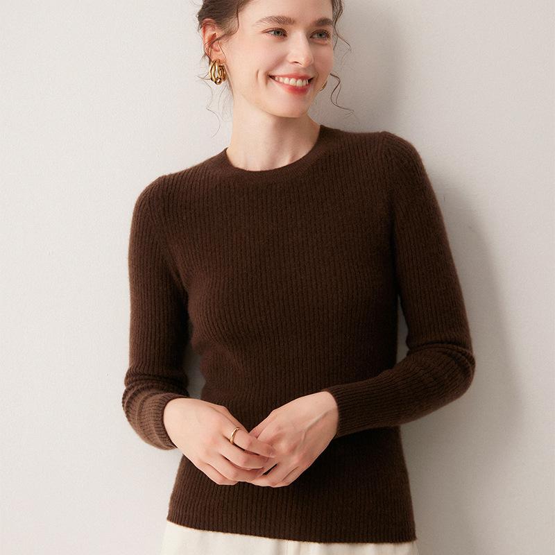 Autumn/Winter Women's Striped 100% Cashmere Round Neck Slim Knit Sweater