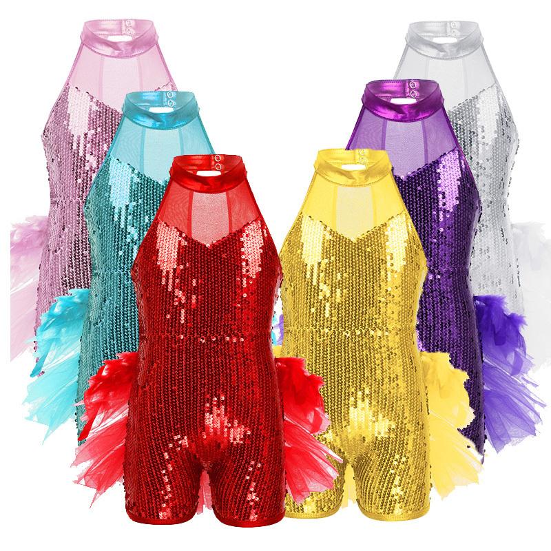 Girls Sequins Jazz Latin Ballet Dance Costume Leotard Jumpsuit Kids Sleeveless Mock Neck Shiny Jazz Costume Feather Costumes