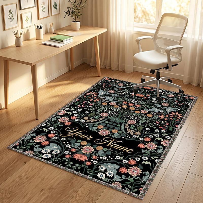Floral Fantasy Theme Soft Crystal Velvet Rug Custom Name & Text Print Non Slip Floor Rug for Bedroom Living Room
