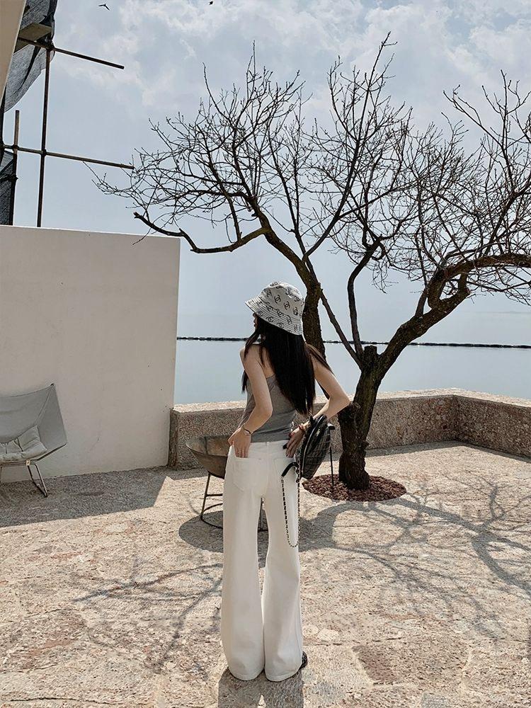 Black Beans Vibe: Women's Summer Mid-Waist Straight-Leg White Jeans