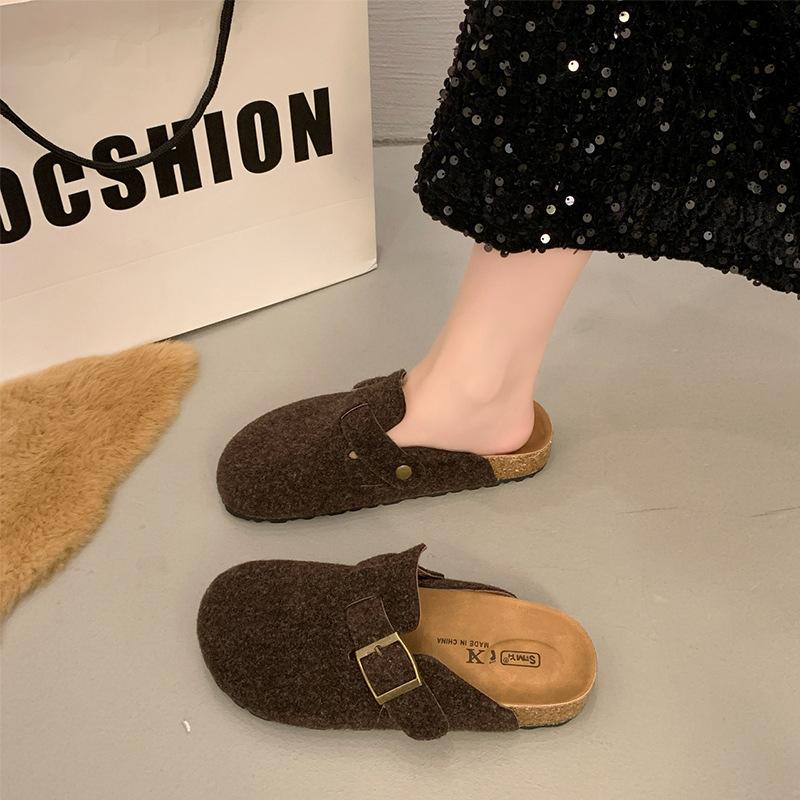 

727 Huiliya толстоподошвенные пушистые тапочки женская обувь носить 2025 новая ретро Boken одинарная обувь 40 темно-коричневого