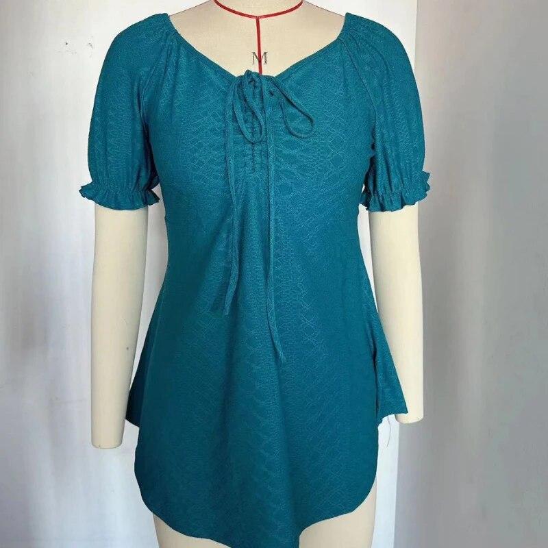 

2024 Літня жіноча блузка з пуховими рукавами і V-подібним вирізом на шнурках Приталені сорочки з короткими рукавами Жіноча мода Однотонні елегантні топи 30643 XXL