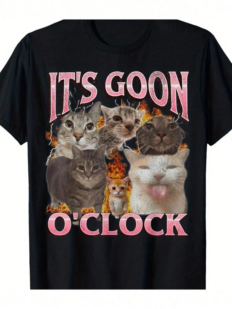 Herr-T-shirt med "It's Goon O'Clock" Skrattande Katt-meme – 100% Bomull, Rund Hals, Kort Ärm, Humoristisk T-shirt | Fet Textstil |