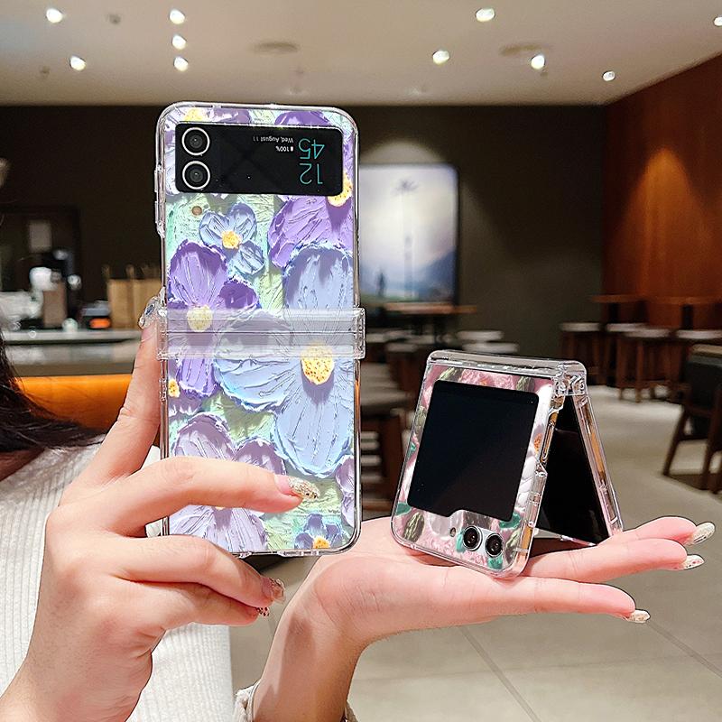 Oil Painting Flower Phone Case For Samsung Galaxy Z Flip6 Flip5 Flip4 Flip3 5G Hard PC Clear Folding Cover For Samsung Z Flip 6