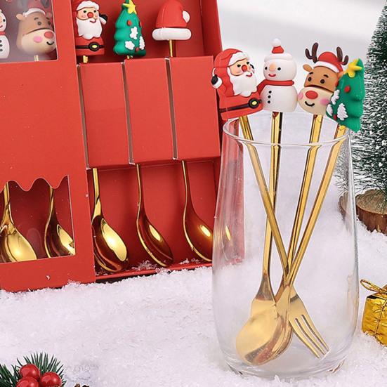 6Pcs/Set Stainless Steel Spoon Fork Set Santa Claus Snowman Deer Christmas Tree Hat Decor Tableware Holiday Party Supply