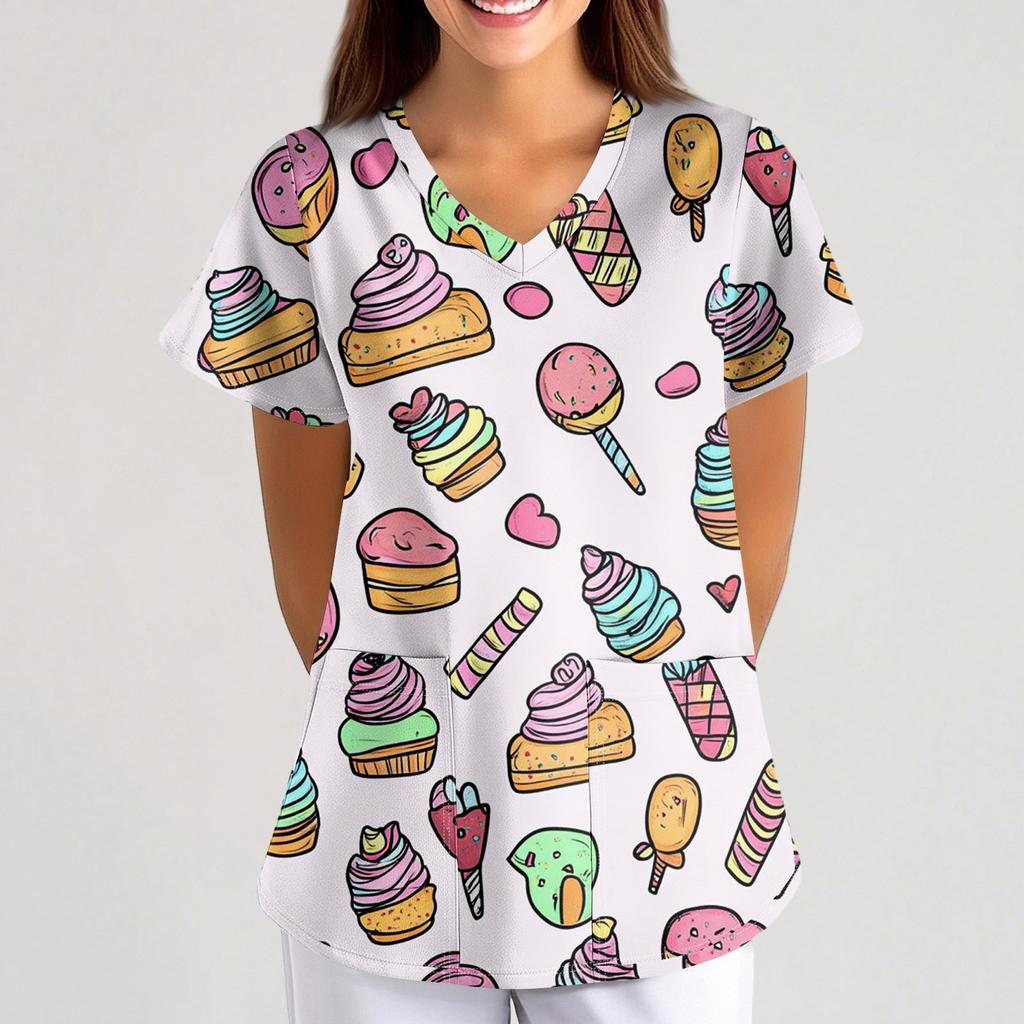 Women's Fruit And Floral Print Loose V-Neck Pocket Short Sleeve Uniform Uniform