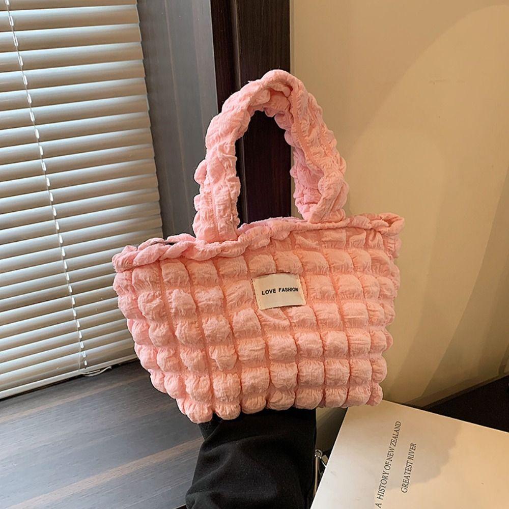 Pleated Bubble Handbag Women's Plaid Small Handbags Travel Storage Shoulder Bags with Zipper Solid Color Tote Armpit Bag