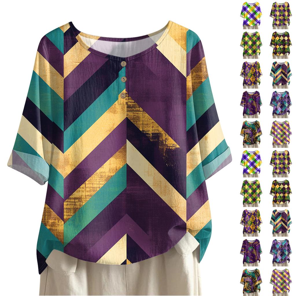 Women's Casual And Comfortable Mid-Length Round-Neck Fashion Print Cotton-Linen Top