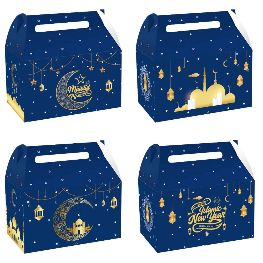 12PCS Multicolor Eid Mubarak Packaging Boxes Paper Mixed Pattern Ramadan Gift Box Square Cartoon Castle Packing Box