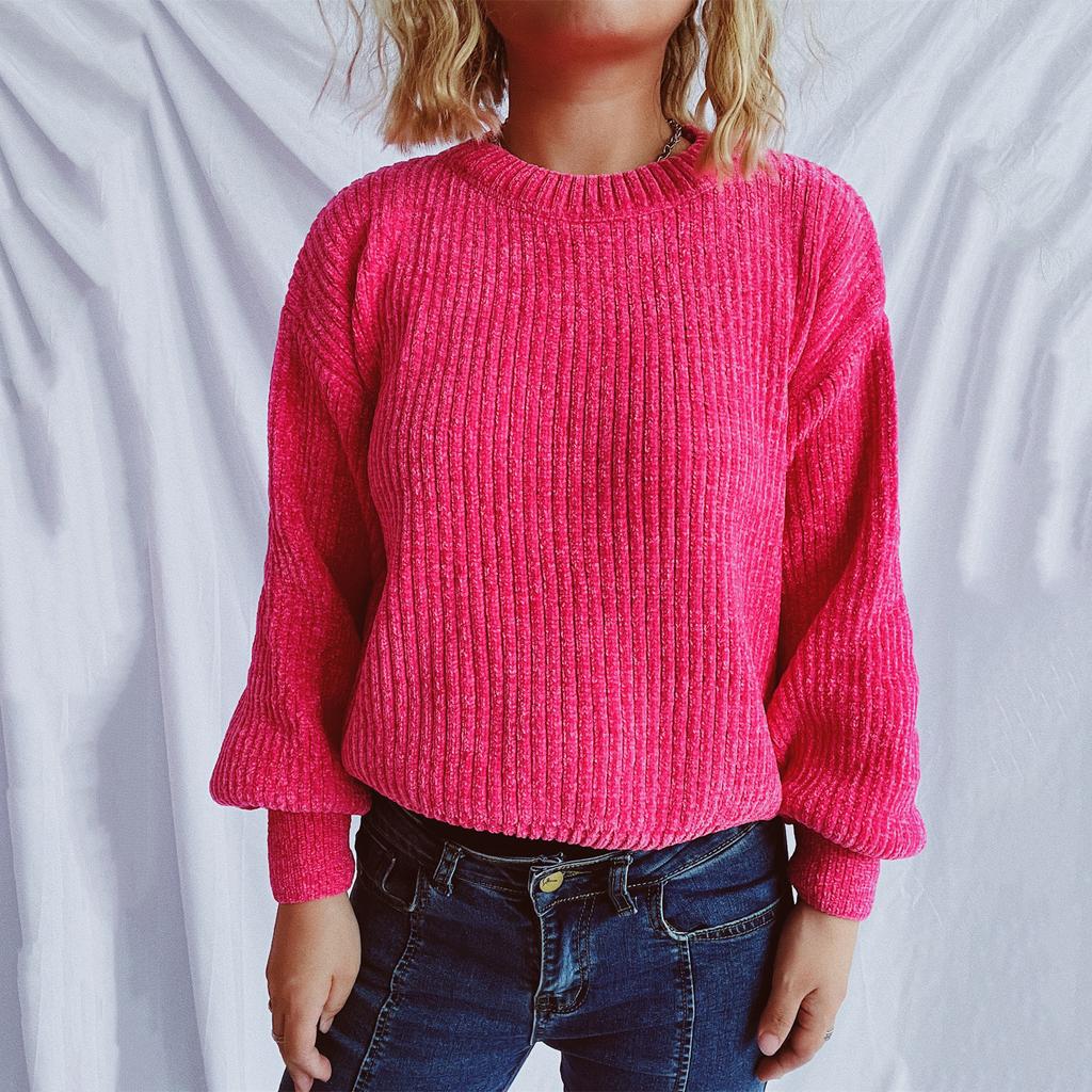 Women's Fashion Casual Round Neck Pullover Solid Color Long-sleeve Sweater Top