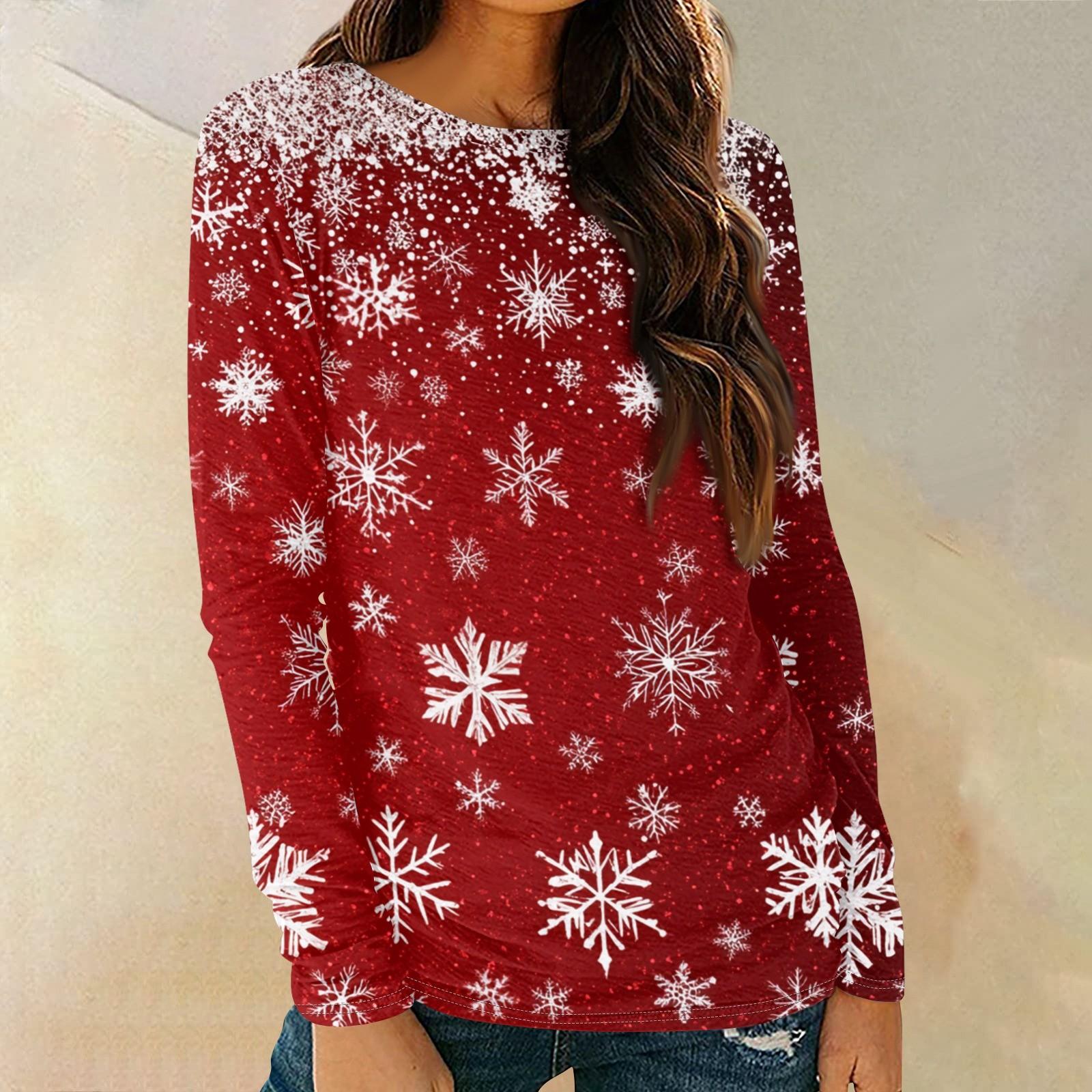 

Женская мода круглый вырез пуловер с глубокими рукавами футболка с рождественским принтом топ S