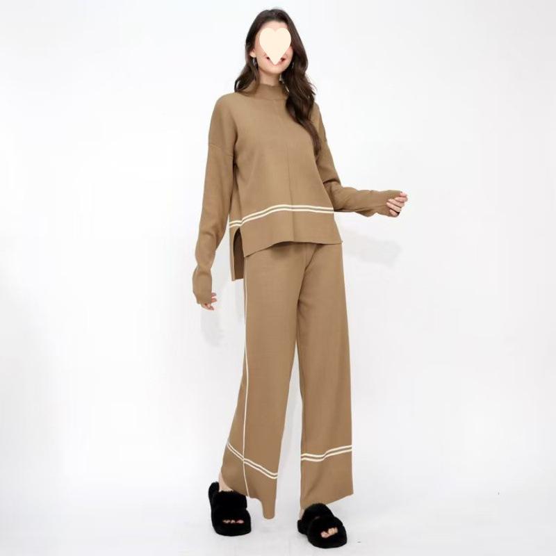 

Women s Casual Tracksuit Set with Stripe Detail, High Neck Long Sleeve Top and Wide Leg Pants One Size верблюд