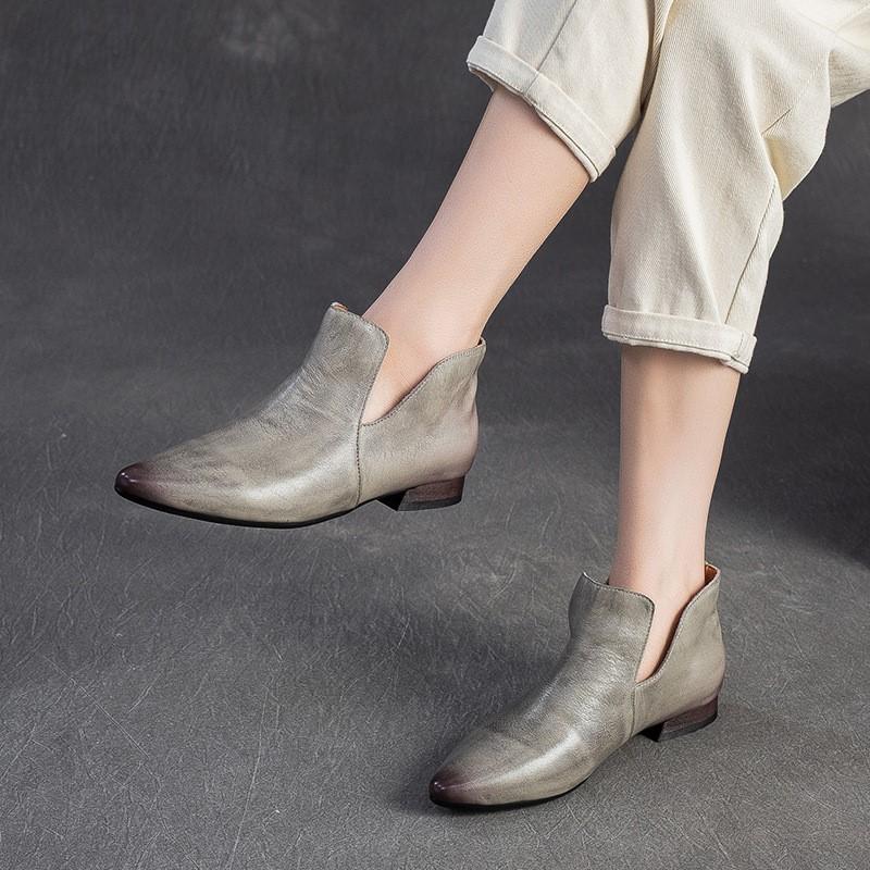 Johnature Genuine Leather Pointed Shallow Low Heel Shoes Fashion And Versatile Women's Slip-on Shoes