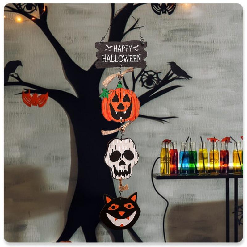 New Wooden Halloween Door Sign Pumpkin Ghost Bat Happy Halloween Doorplate Trick Or Treat Horror Props Door Hanging Decorations