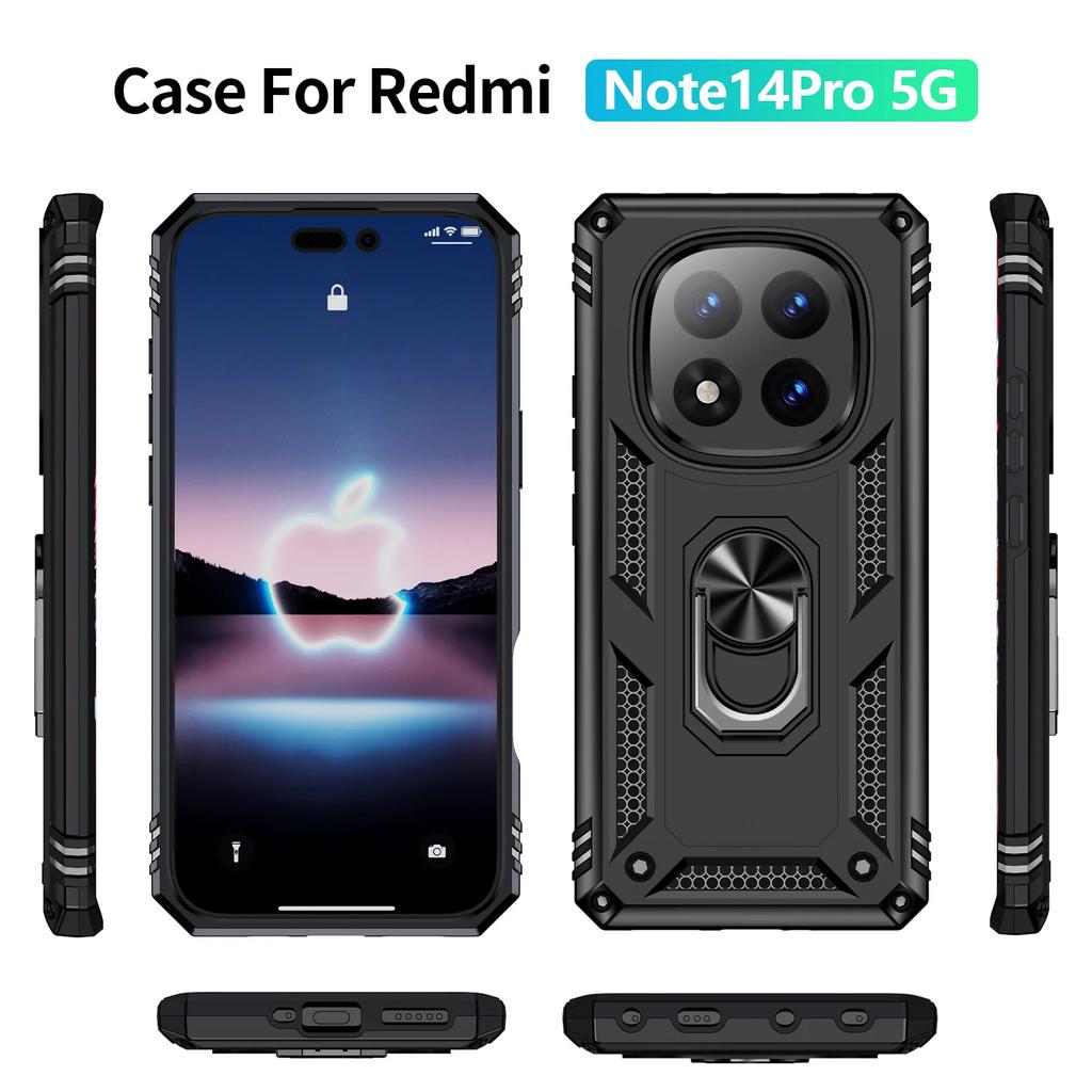 Støtsikker rustning for Xiaomi Redmi Note 14 Pro 4G 5G Note 14 Pro Plus deksel telefondeksel ringstativ støtfanger silikon telefon bakdeksel