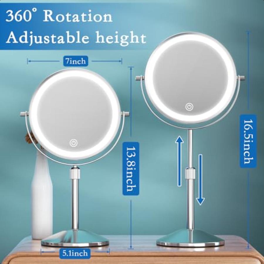 

Косметическое зеркало с подсветкой 7 Перезаряжаемое 1x 10x Зеркало для макияжа с подсветкой Регулируемая высота Двустороннее зеркало с подсветкой 360 Вращение United States