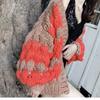 European Color Block Wave Pattern Chunky Knit Lantern Sleeve Cardigan for Autumn/Winter Women.